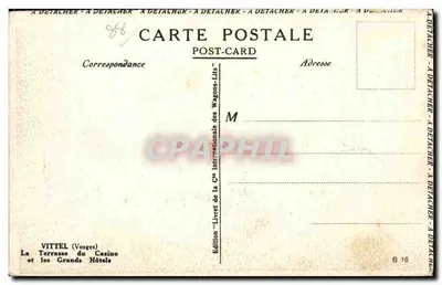 Vittel (Vosges) — A Terrasse do Casino e os Grandes Hotéis — Edição 'Livro da 6ª Internacional dos Wagons-Lits', B 16 — Verso