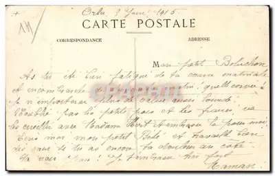 Orbec — Escada de um antigo château — Mme Legrand, tabacs — Verso