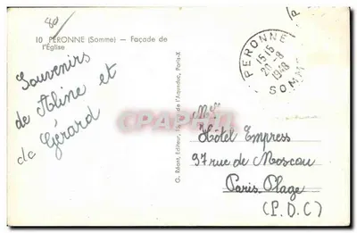 Péronne (Somme) — Front budynku kościoła — G. Réont, wydawca, Paryż — Rewers