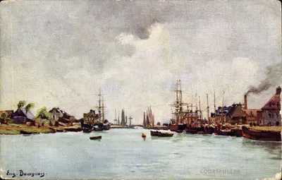 Porto de Courseulles — visão marítima com navios — Eug. Bourgeois, Série XXV