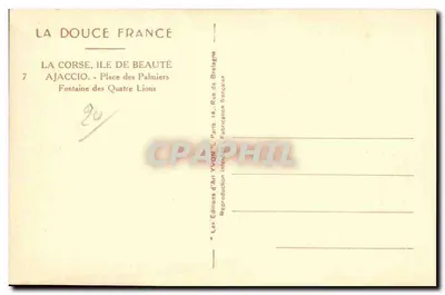 Ajaccio - Piazza dei Palme - Fontana dei Quattro Leoni — Les Éditions d'Art VVON, Parigi — Verso