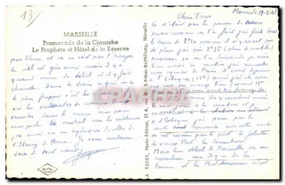 Marseille — Promenade de la Corniche en Hotel de la Réserve — A. Tardy, Photo-Editie — Achterkant