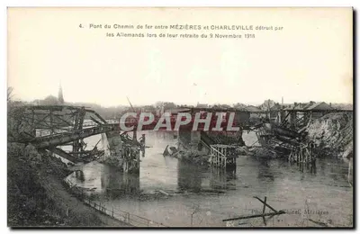 Ponte do Caminho de Ferro entre Mézières e Charleville — destruído pelos Alemães durante sua retirada em 9 de Novembro de 1918 — Foto Chirel, Mézières