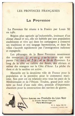 Provenza — Le Province Francesi — Edizione Speciale dei Prodotti del Leone Nero — Verso