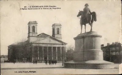 La Roche-sur-Yon (Vendée) — A Igreja de São Luís e a Estátua de Napoleão — Lib. Jehly-Poupin, Mortagne