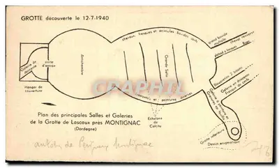 Gravações e desenhos enigmáticos da caverna inferior — Planta das principais salas e galerias da caverna de Lascaux perto de Montignac (Dordogne) — Descoberta em 12-7-1940 — Verso