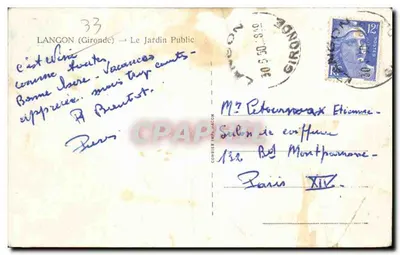 Bilhete postal antigo Langon O jardim público — Verso