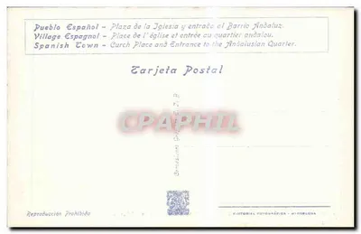 Pueblo Español — Plaza de la Iglesia et entrée du quartier andalou — Éditeur Fotográfica, Barcelone, n° B-45 — Rewers