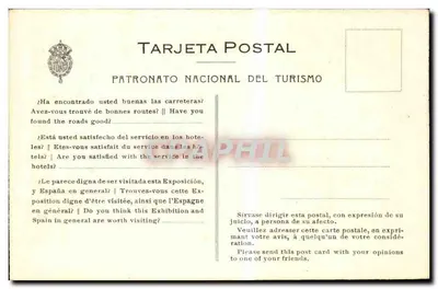 Wystawa międzynarodowa w Barcelonie — Avenida Reiny Marii Kryztyny z Placu Hiszpanii — Patronato Nacional del Turismo — Rewers
