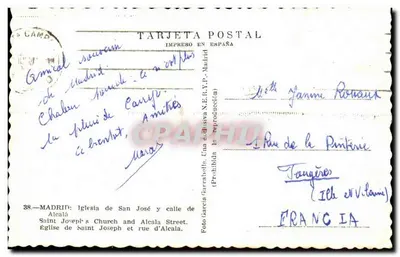 Madryt — Plac Alcalá z Bankiem Hiszpańskim — Wydawca: Katedra św. Józefa i ulica Alcalá — Rewers
