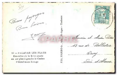 Palavas-les-Flots — Conjunto da margem direita, no primeiro plano à esquerda o Casino, o Hotel Beau Rivage — F. Lito. Narbo — Verso