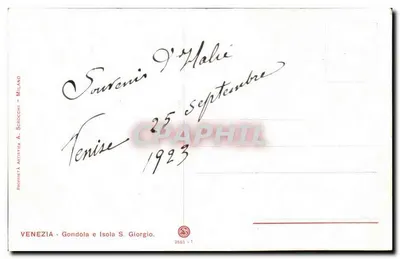 Wenecja — Gondola i wyspa Świętego Jerzego — A. Sorocchi, Mediolan — Rewers