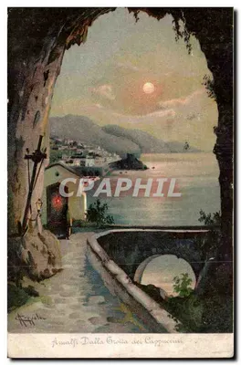 Amalfi — Vista da Grotta dei Cappuccini — gravura assinada 'Frigola'