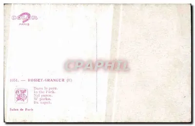 Kobieta w sukni z motywami w parku — rysunek Rosset-Granger — wydawca Color Paris, nr 1051 — Rewers