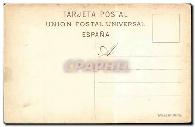 Barcelonę - Plaza de Cataluña — widok panoramiczny z tramwajem i zegarem — wydawca Union Postal Universal, n°52 — Rewers