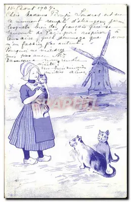 Mulher com gatos em frente a um moinho de vento — cena holandesa — editor B. K. W. 1 598-4