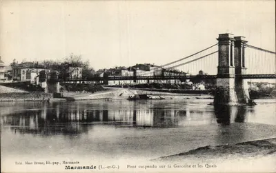 Marmande (L.-et-G.) — Pont suspendu sur la Garonne et les Quais — Edit. Mme Brune, lib.-pap., Marmande