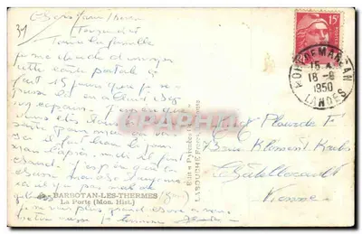 Drzwi (Monumentum Historicum) — Barbentan-les-Thermes — Wyd. Labouche Frères, Barbotan — Rewers