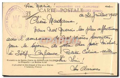 Interior da capela do Mosteiro das Clarissas de Talence — editor 'Carte Postale' — n°33 — Verso