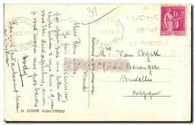 Widok z Luchon — Zielona aleja z górami w tle — Real-Photo G. A. P. Strasbourg — Rewers