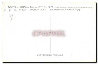 Luchon — Termale i statua Étigry — Wydawnictwo JOVÉ, Pou (B.P.P.) — Rewers