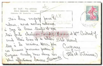 Dax — Ogólny widok — Hotel Splendid, rzeka Adour — Wydawca Ed. Grafaulière - Langon, nr 910 — Rewers
