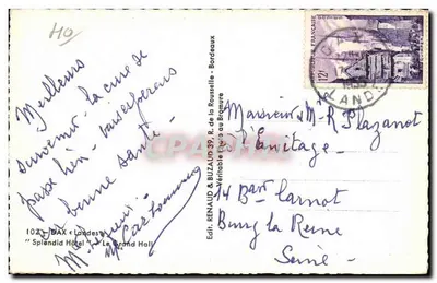 O Grand Hall — Splendid Hotel — Editor Renaud & Buzaud, Bordeaux — Verso