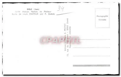 Bust Louis Pasteura — Rodzinny dom w Dole (Jura) — Wydawnictwo E. Protet, Dole — Rewers
