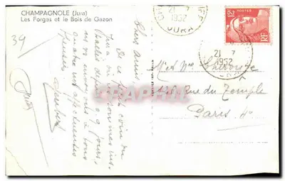 Bilhete postal antigo Champagnole Les forges et le bois de Gazon — Verso
