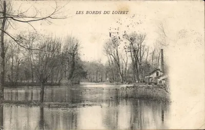 As margens do Loiret — vista do rio com casa e caminho — editor não identificado