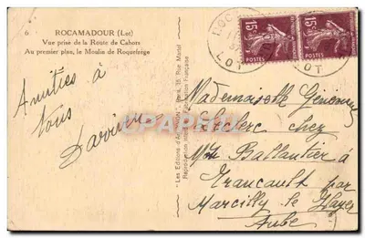 Rocamadour (Lot) — Widok z drogi z Cahors, na pierwszym planie młyn Roquefrège — Wydawnictwo Autrevon — Rewers