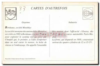 REPRO Bordeaux - Automóveis Motobloc - A Corrida dos Carter - fábrica - operário - Bilhete postal antigo — Verso