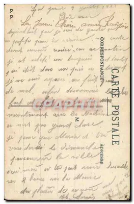 Keuken-scène — jonge man die een vrouw kust — gedrukt en handgeschreven tekst — uitgever 'CORRESPONDANCE CARTE POSTALE' (achterkant) — Achterkant