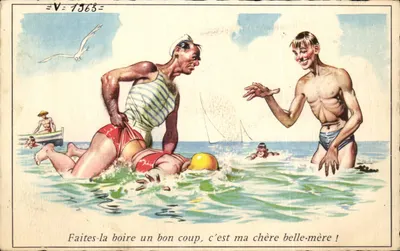 Banhistas no mar — caricatura humorística — Série N° 035, editada em Paris
