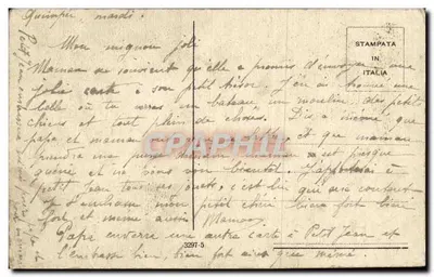 Bambino che fuma una pipa vicino a un lago — con cane e mulino a vento — editore italiano, n°3997-5 — Verso