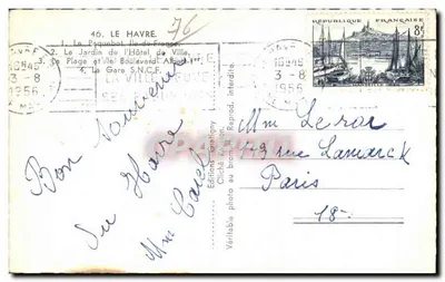 Le Havre — Cztery widoki: statek pasażerski, ogród Hôtel de Ville, plaża i stacja S.N.C.F. — Editions Gratigny — Rewers