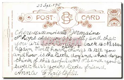 Francuski żołnierz pijący piwo — Reklama podatków wojennych — Wydawca: Bampfylth & Co. Ltd. (Serie 5082) — Rewers