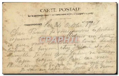 Soldado em uniforme — diante de uma trincheira de madeira — Carte postale datée 26 outubro 1915 — Verso
