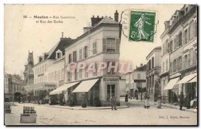 Bilhete postal antigo Meulan Rue Gambetta e rue des Ecoles