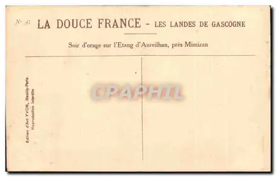 Tarde de tempestade sobre o Lago d'Aureilhan, perto de Mimizan — As Terras de Gascogne — Edição de Arte YVON, Neully-Paris — Verso