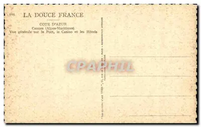 Cannes — Côte d'Azur — Ogólny widok portu, kasyna i hoteli — Wydawnictwo Art Yvon, Paryż — Rewers