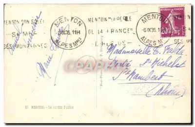 Menton — Ogrodnik Publiczny — wydawca A.P. Strasbourg, n°57 — Rewers