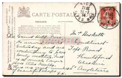 Monte-Carlo — Vista do Casino Tir aux Pigeons — Raphael Tuck & Co. Paris, Série 992 — Verso