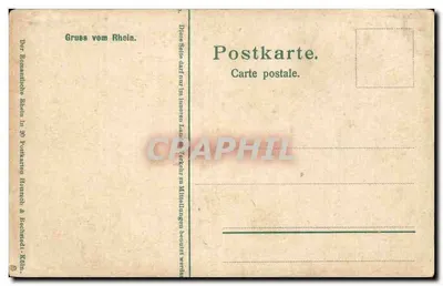 Braubach i Marksburg — widok panoramiczny wsi i zamku nad brzegami Renu — wydawca: Romantische Rhein in 30 Postkarten, Konz & Bachsadt-Köln — Rewers