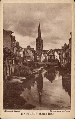 Harfleur (Seine-Inf.) — vista do canal e da igreja — Almanach Vermot, Cl. Horizons de France