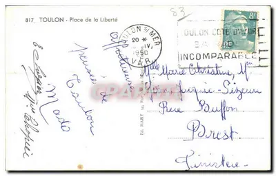 Place de la Liberté w Toulonie — widok ogrodu z ławkami i drzewami — wydawca Mary, nr 817 — Rewers