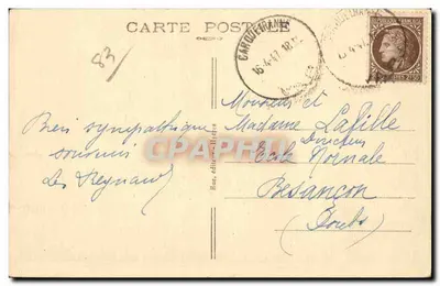 Hyères-les-Palmiers — Zonlicht op zee aan de Plage — In de verte de Gouden Eilanden — Uitgever E. Hue, n° 195 — Achterkant