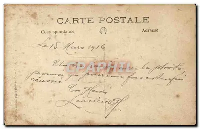 Francuski żołnierz — w mundurze bojowym — karta pocztowa datowana 15 marca 1916 — Rewers