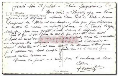 Biarritz — La Grande Plage e l'Hôtel du Palais — P 764 — Verso
