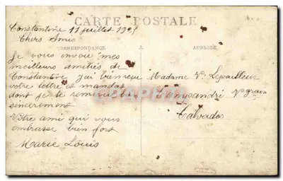 Soldado em uniforme — Constantinopla — Carte postale datée 11 juillet 1919 — Verso